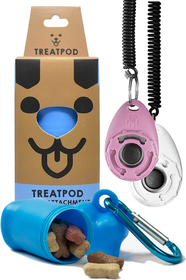 Leash Treat Holder and Training Clickers (White/Pink) - Portable Container and Clickers with Wrist Straps Training Bundle