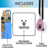 Leash Treat Holder and Training Clickers (White/Pink) - Portable Container and Clickers with Wrist Straps Training Bundle